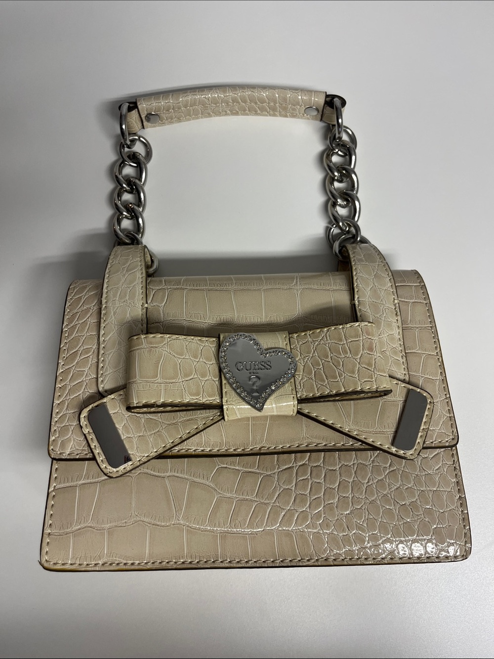 GUESS Cream Croc-Embossed Mini Satchel with Bow and Heart Lock